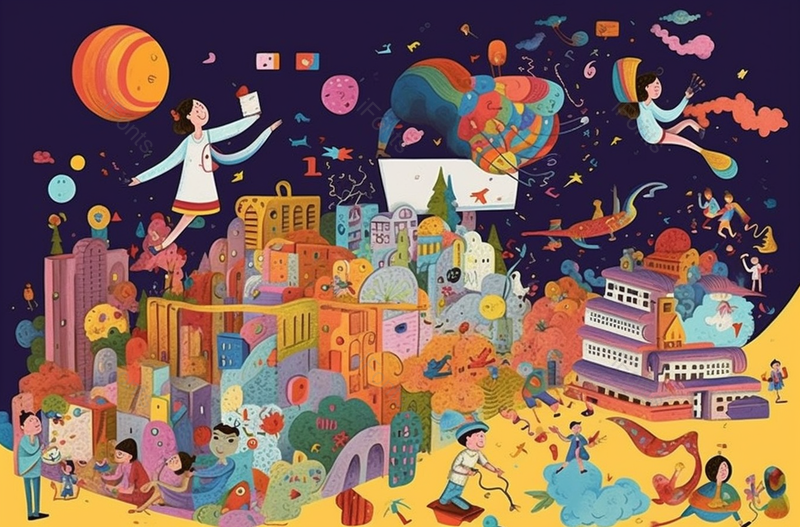 儿童画城市六一儿童节彩色画面狂欢庆祝派对孩子嬉戏书籍童真幻想插画,插画/手绘图,插画/手绘图库,插画/手绘图下载,插画/手绘